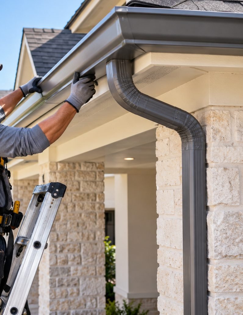 Professional gutter installation team working on a residential property